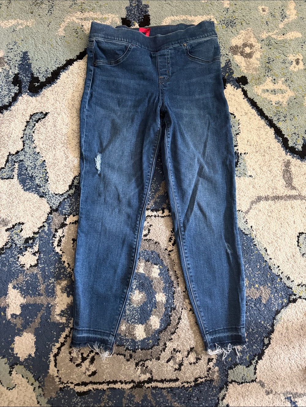 SPANX Mid-Rise Dark Blue Skinny Jeans with Raw Hem